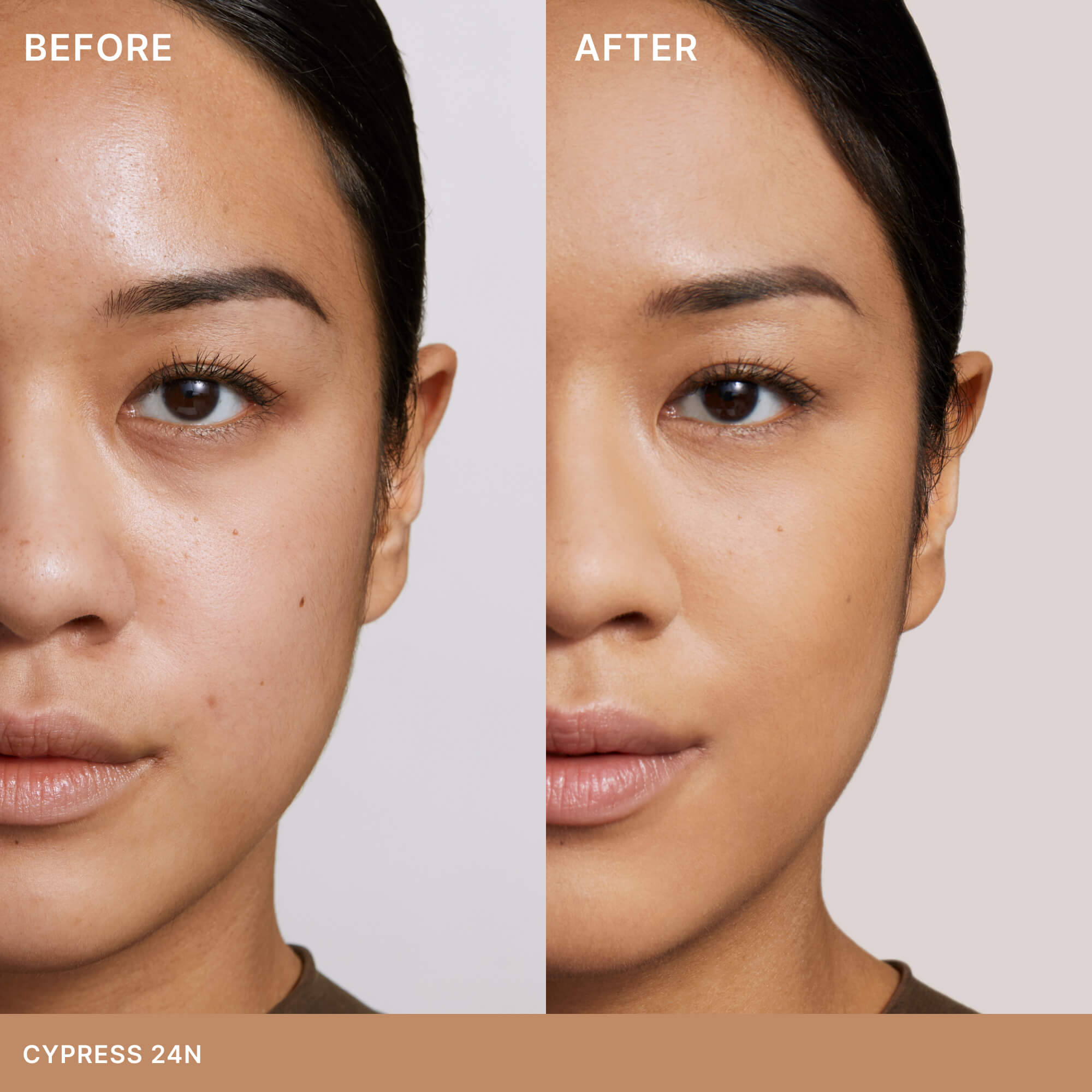 Side-by-side before and after of a model wearing ILIA's Skin Rewind Complexion Stick in Cypress 24N.