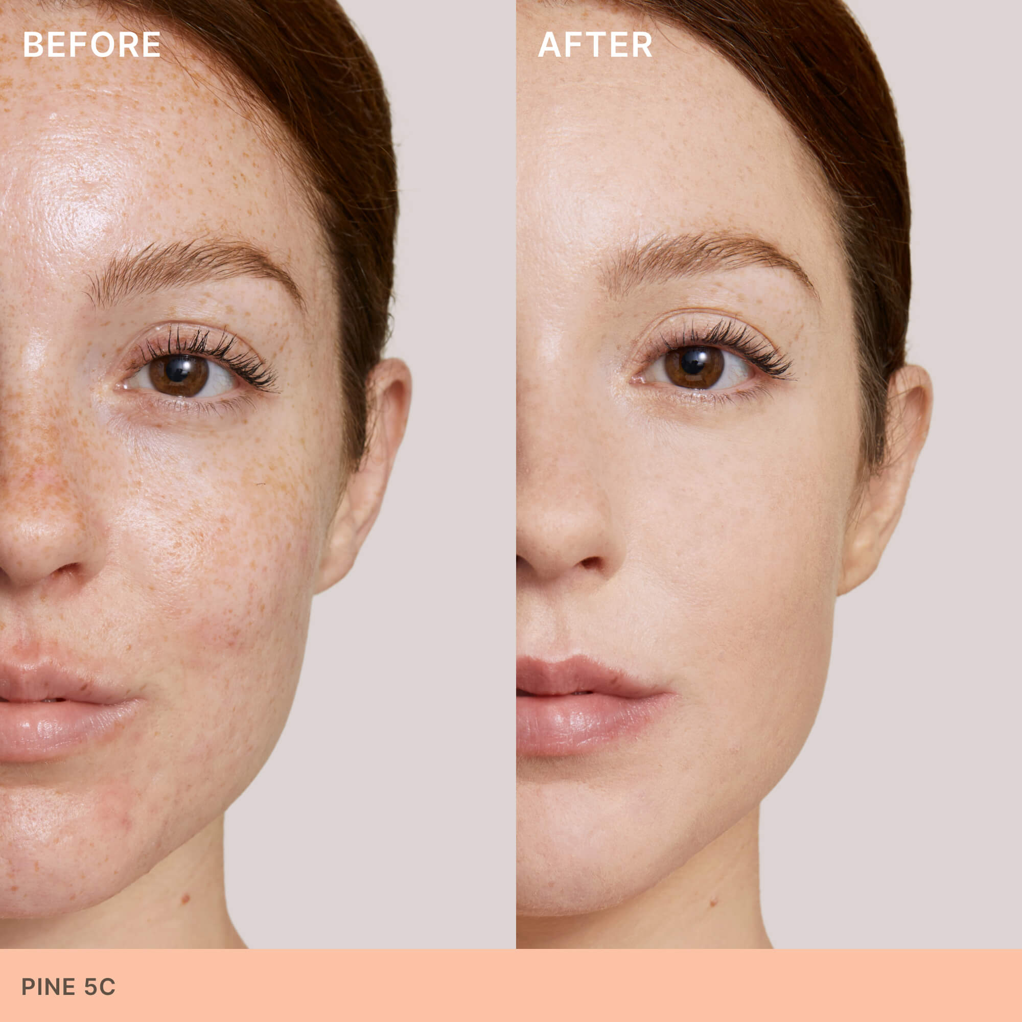 Side-by-side before and after of a model wearing ILIA's Skin Rewind Complexion Stick in Pine 5C.