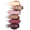 Six eyeshadow swatches in neutral, mauve, and plum tones with matte and shimmer finishes.