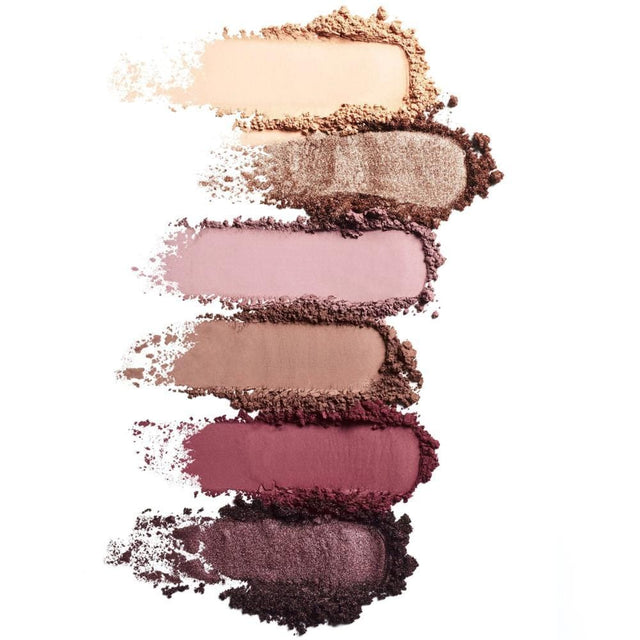 Six eyeshadow swatches in neutral, mauve, and plum tones with matte and shimmer finishes.
