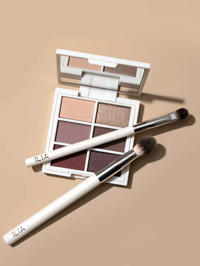 Two ILIA brushes and the Necessary Eyeshadow Palette on a tan background.
