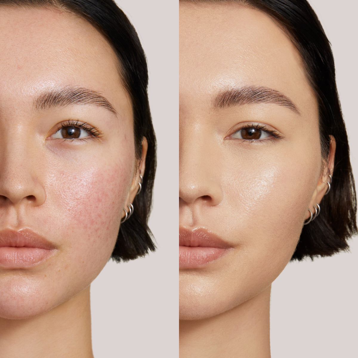 A side-by-side before and after of a model wearing ILIA's Super Serum Skin Tint SPF 40.
