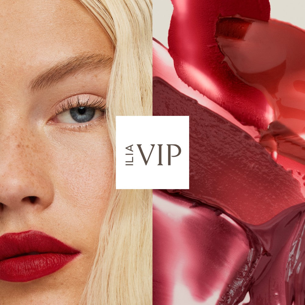A model with bold red lipstick is featured alongside glossy red products swatches and ILIA VIP branding.