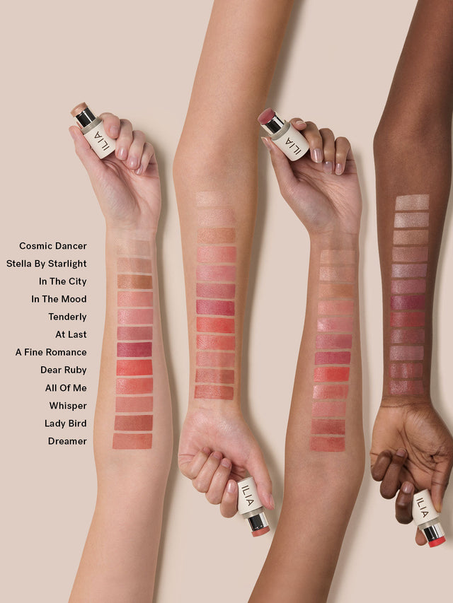 Four arms of different skin tones with Multi-Stick shades swatched on them.