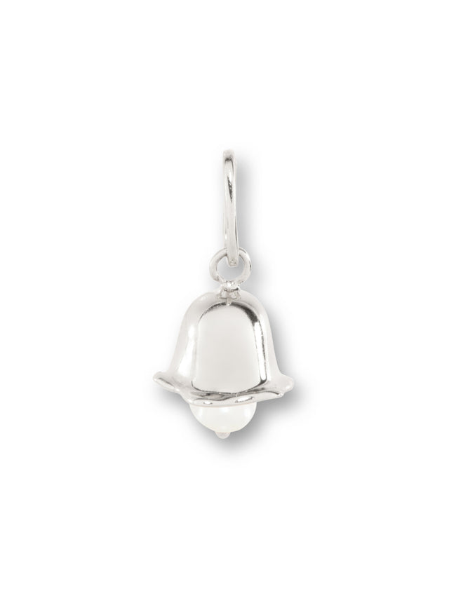 Silver bell-shaped pendant on a white background