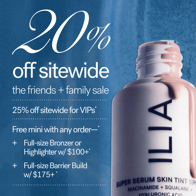 ILIA Skin Tint with promotional text for their Sitewide 20% Off sale on a blue background