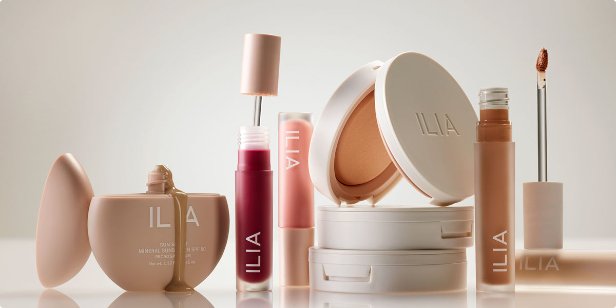 Images of Sun Serum Mineral Sunscreen SPF 50, Overglaze Lip Gloss, Soft Focus Finishing Powder, and Skin Blur Serum Concealer
