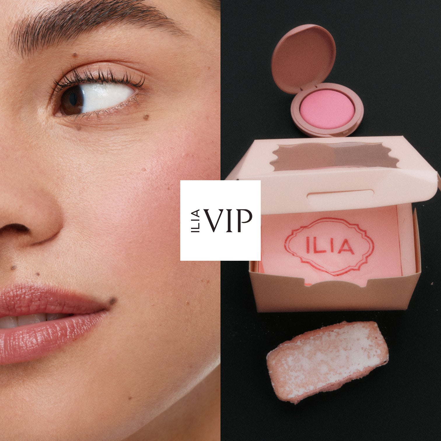 Close-up of a model's face with pink blush applied, ILIA soft blush product in the background with ILIA VIP logo.