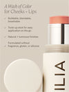 Ilia makeup stick with text highlighting features on a beige background
