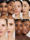Before and after comparison of skin with Complexion Stick and without on various individuals with text labels.
