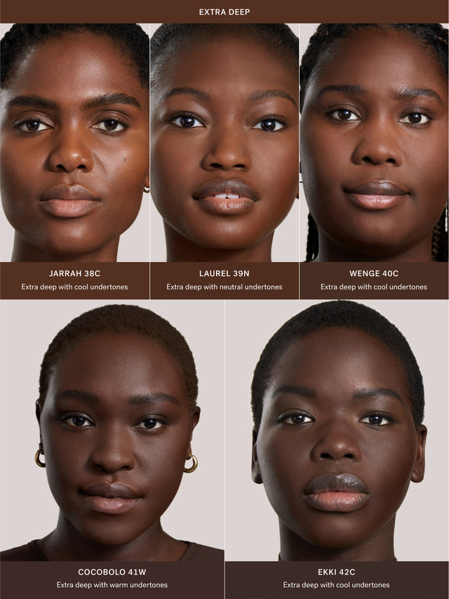 Five models with different skin tones and complexion displayed with Complexion Stick applied and labeled on a beige background.