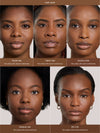 Five models with different skin tones and complexion displayed with Complexion Stick applied and labeled on a beige background.
