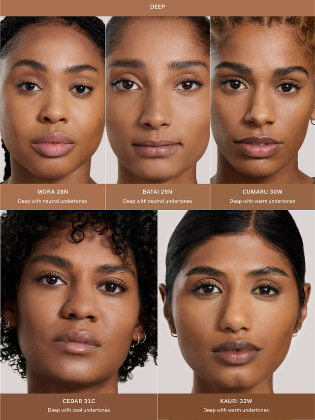 Five models with different skin tones and complexion displayed with Complexion Stick applied and labeled on a beige background.