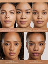 Five models with different skin tones and complexion displayed with Complexion Stick applied and labeled on a beige background.