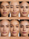 Close up face photos of skin with Complexion Stick on various individuals with shades text labels.