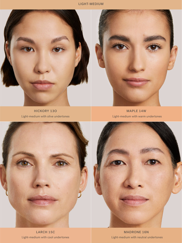 Four models with different skin tones and complexion displayed with Complexion Stick applied and labeled on a beige background.