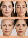 Four models with different skin tones and complexion displayed with Complexion Stick applied and labeled on a beige background.