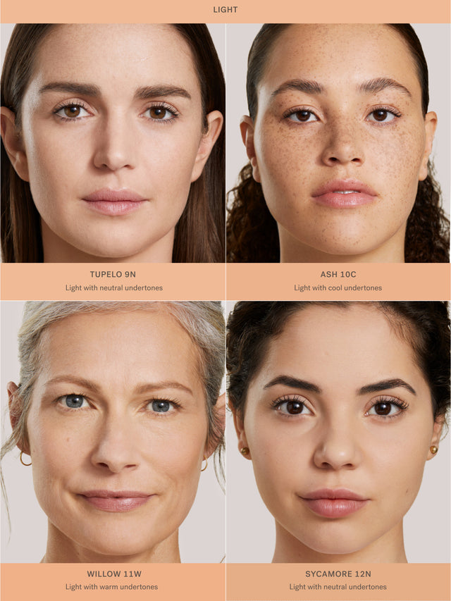 Four models with different skin tones and complexion displayed with Complexion Stick applied and labeled on a beige background.