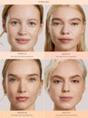 Four models with different skin tones and complexion displayed with Complexion Stick applied and labeled on a beige background.