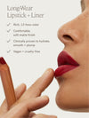 Lipstick pencil being applied to lips with product features listed on the left.