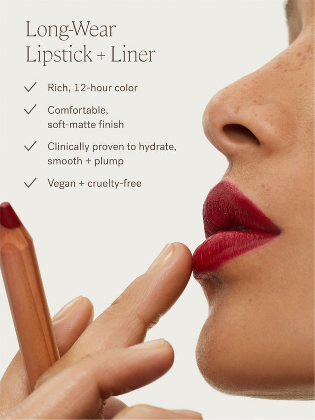 Lipstick pencil being applied to lips with product features listed on the left.
