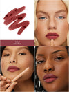 Collage of a lipstick shade with models wearing it on their lips.