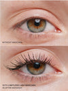 Comparison of an eye with and without Limitless Lash Mascara on a beige background.