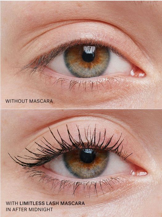 Comparison of an eye with and without Limitless Lash Mascara on a beige background.