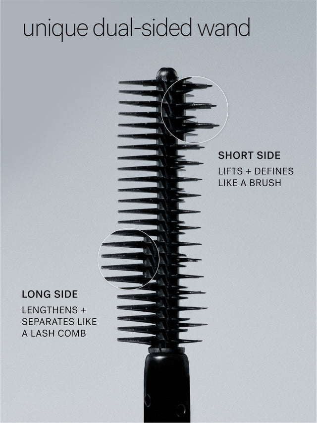 Black dual-sided hair styling wand with text describing its features on a gray background