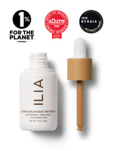 Image of Super Serum Skin Tint bottle next to the dropper applicator. Image includes seals for Allure Best of Beauty Award, Byrdie Eco Beauty Award, and the 1% for the Planet Member