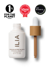 Image of Super Serum Skin Tint bottle next to the dropper applicator. Image includes seals for Allure Best of Beauty Award, Byrdie Eco Beauty Award, and the 1% for the Planet Member