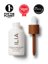 Image of Super Serum Skin Tint bottle next to the dropper applicator. Image includes seals for Allure Best of Beauty Award, Byrdie Eco Beauty Award, and the 1% for the Planet Member