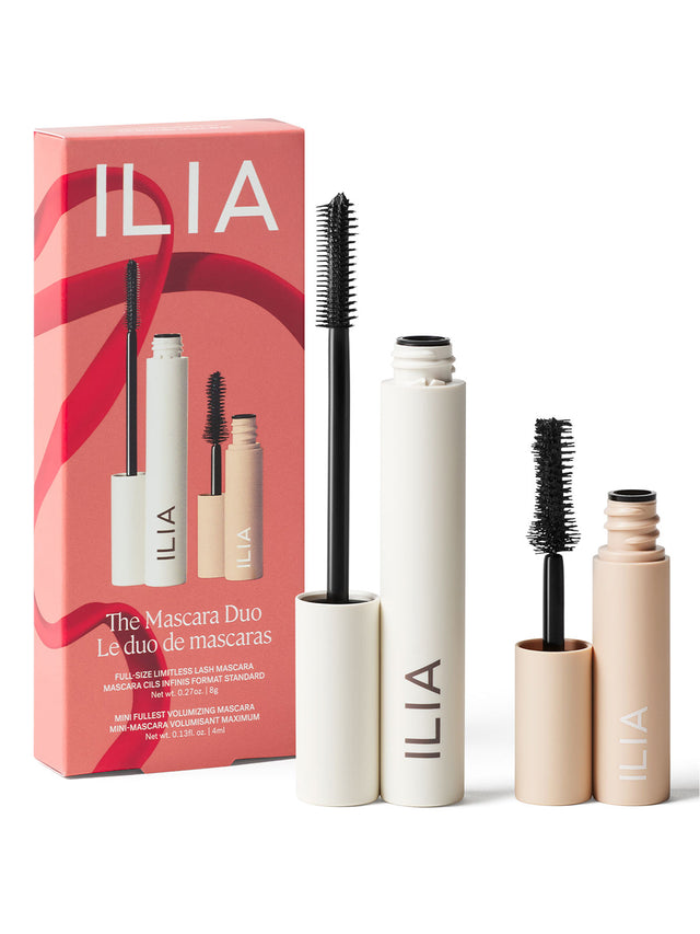 ILIA mascara duo with packaging on a white background