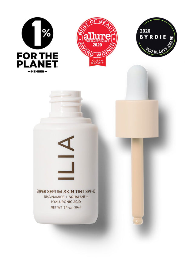 Image of Super Serum Skin Tint bottle next to the dropper applicator. Image includes seals for Allure Best of Beauty Award, Byrdie Eco Beauty Award, and the 1% for the Planet Member